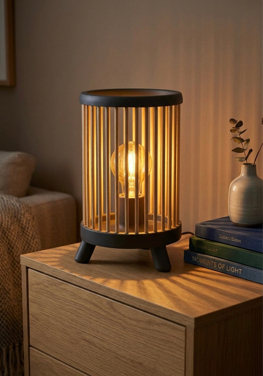 Minimalistische Skandi Nachttischlampe | Japandi Tischlampe aus Bambus & 3D-Druck