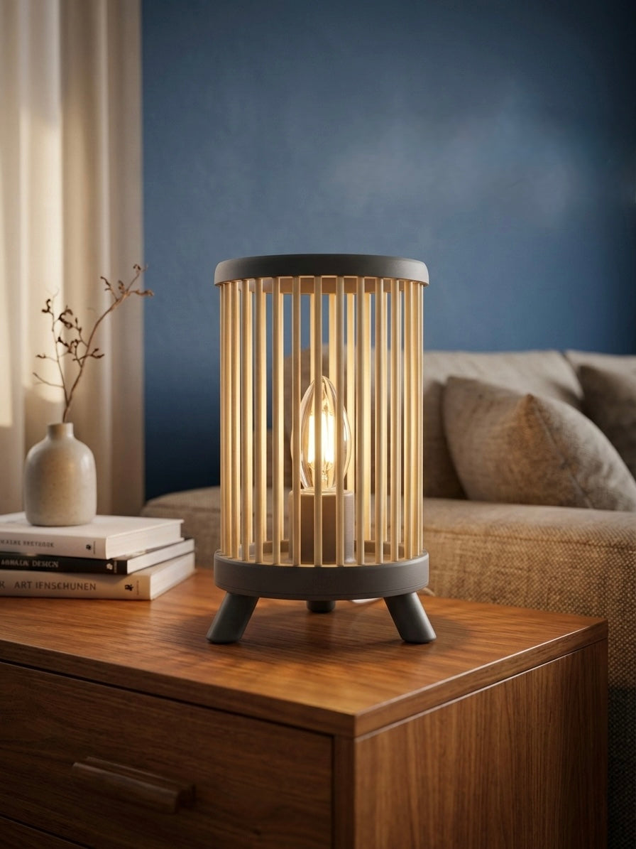 Minimalistische Skandi Nachttischlampe | Japandi Tischlampe aus Bambus & 3D-Druck