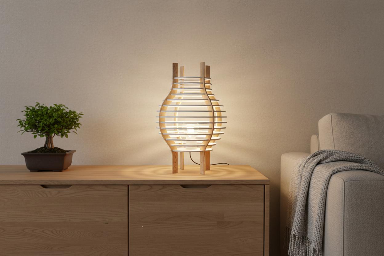 AKARI Japandi Design-Tischlampe – 15-Ring Skulptur aus dem 3D-Druck | Weiß & Beige | E14 LED