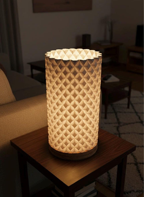Design-Tischlampe aus Massivholz & 3D-Druck | USB-LED dimmbar | 3 Lichtfarben | Geometrische Skulptur