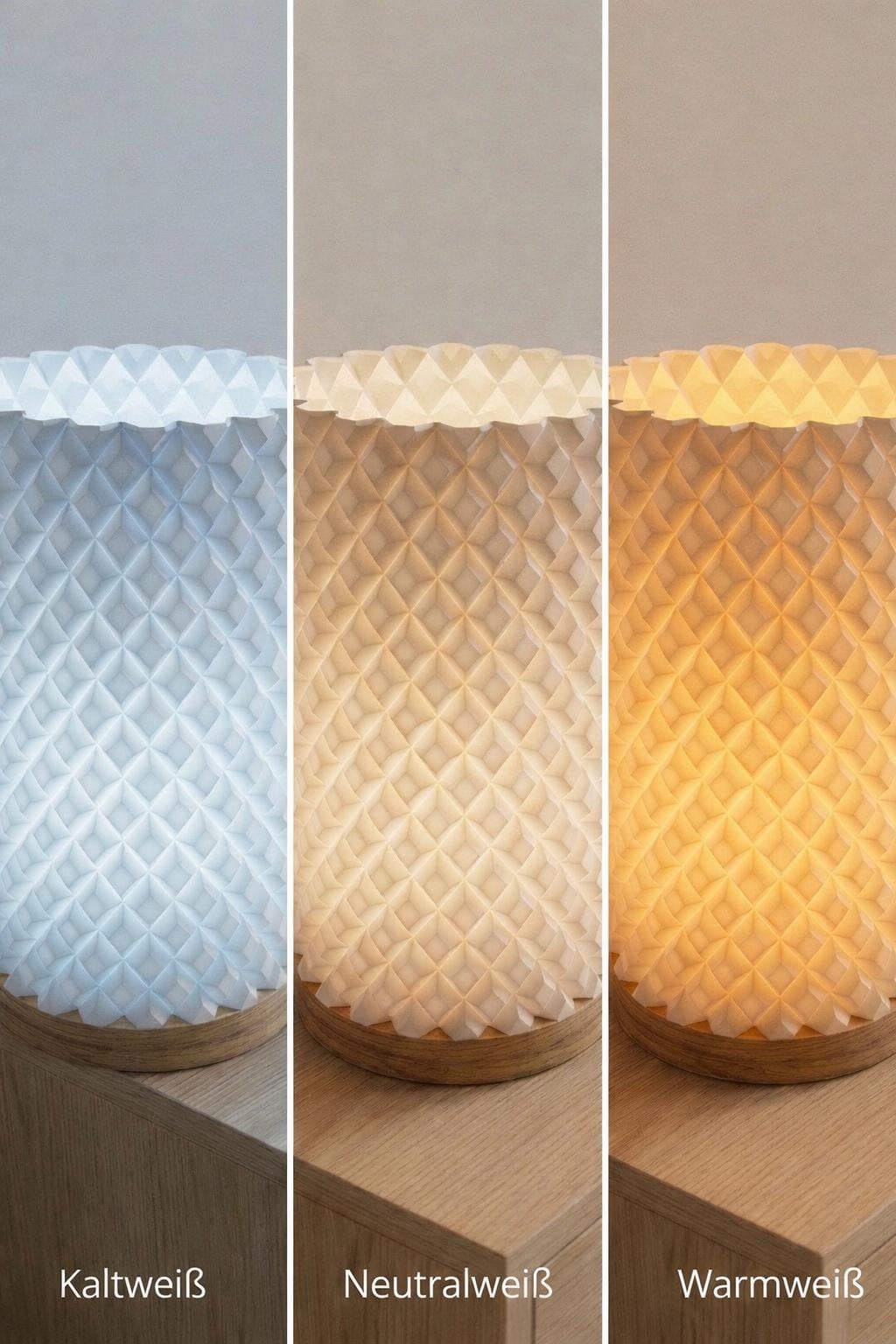 Design-Tischlampe aus Massivholz & 3D-Druck | USB-LED dimmbar | 3 Lichtfarben | Geometrische Skulptur