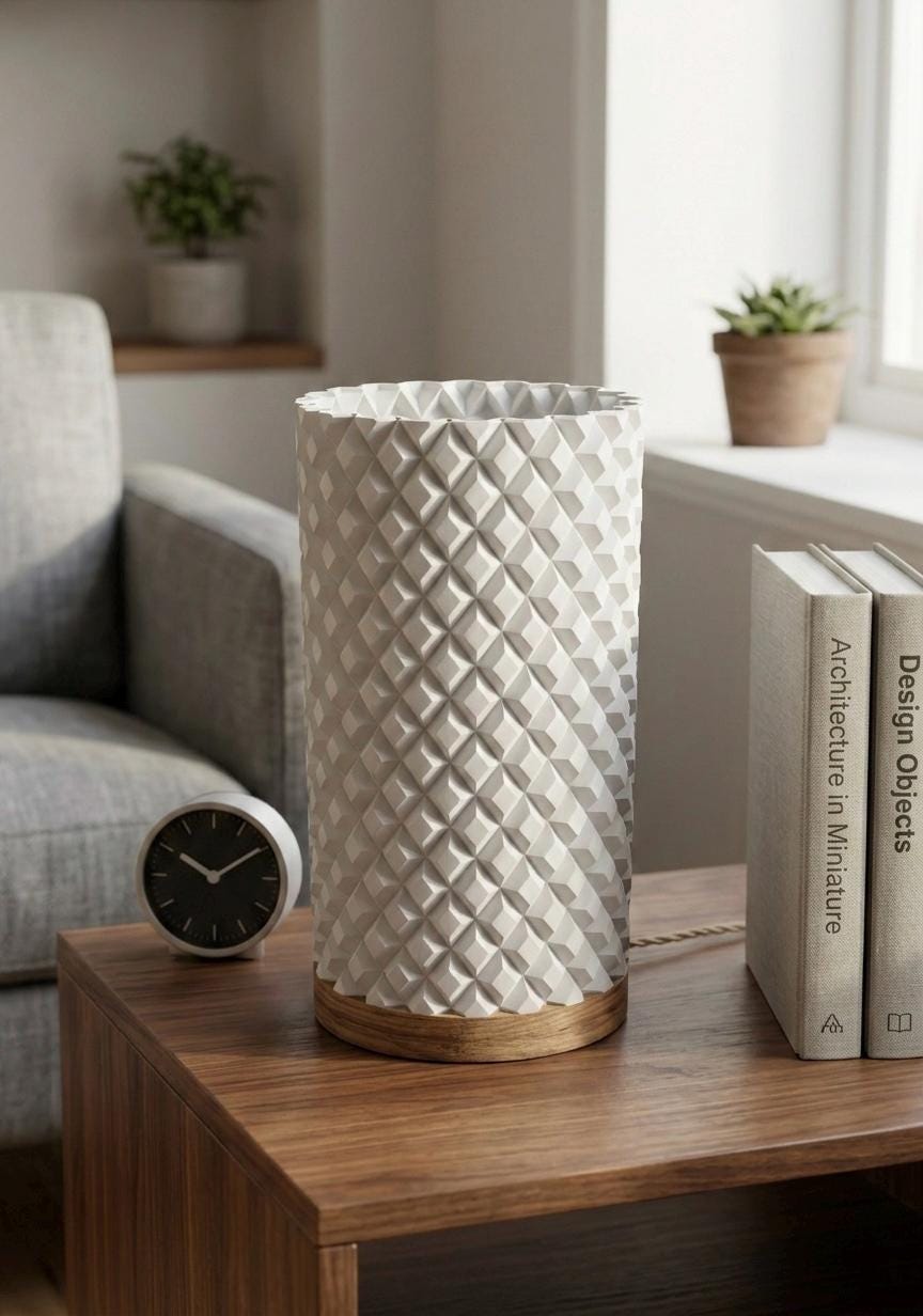 Design-Tischlampe aus Massivholz & 3D-Druck | USB-LED dimmbar | 3 Lichtfarben | Geometrische Skulptur