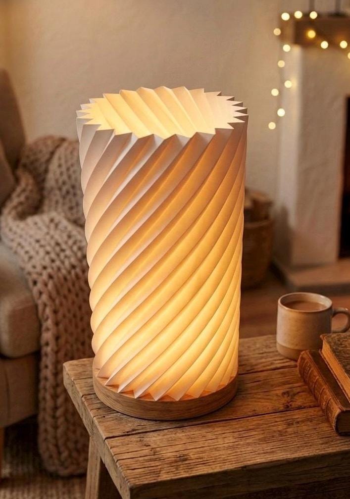 Design-Tischlampe aus Echtholz & 3D-Druck | USB-LED, dimmbar, 3 Lichtfarben | Geometrischer Lampenschirm