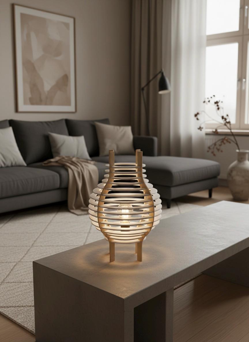 AKARI Japandi Design-Tischlampe – 15-Ring Skulptur aus dem 3D-Druck | Weiß & Beige | E14 LED