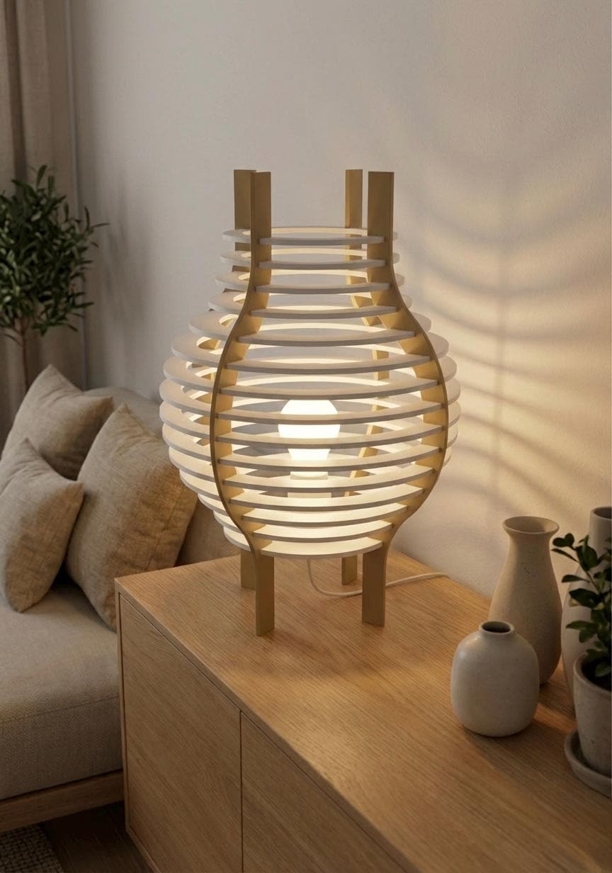 AKARI Japandi Design-Tischlampe – 15-Ring Skulptur aus dem 3D-Druck | Weiß & Beige | E14 LED
