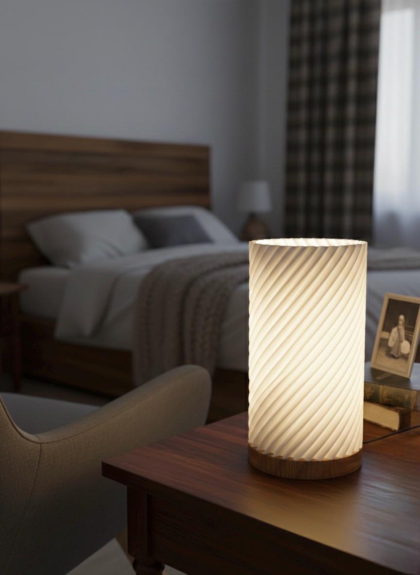 TWIST Design-Tischlampe mit Buchenholz-Sockel & 3D-Druck | LED, dimmbar, 3 Lichtfarben