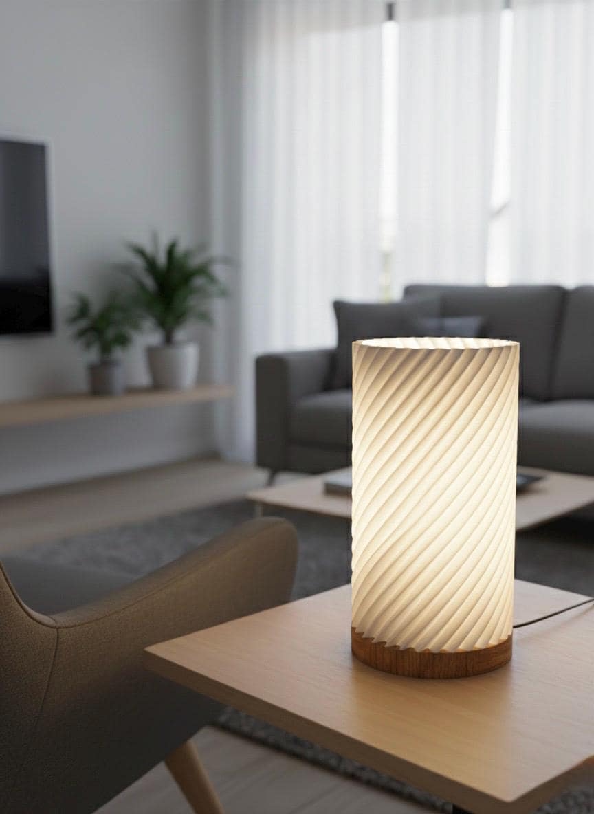 TWIST Design-Tischlampe mit Buchenholz-Sockel & 3D-Druck | LED, dimmbar, 3 Lichtfarben
