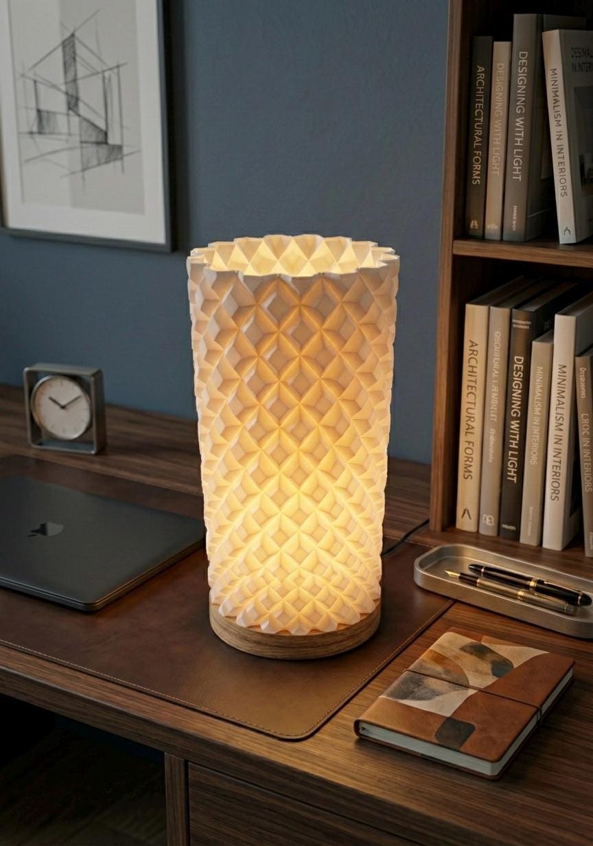 Design-Tischlampe aus Massivholz & 3D-Druck | USB-LED dimmbar | 3 Lichtfarben | Geometrische Skulptur