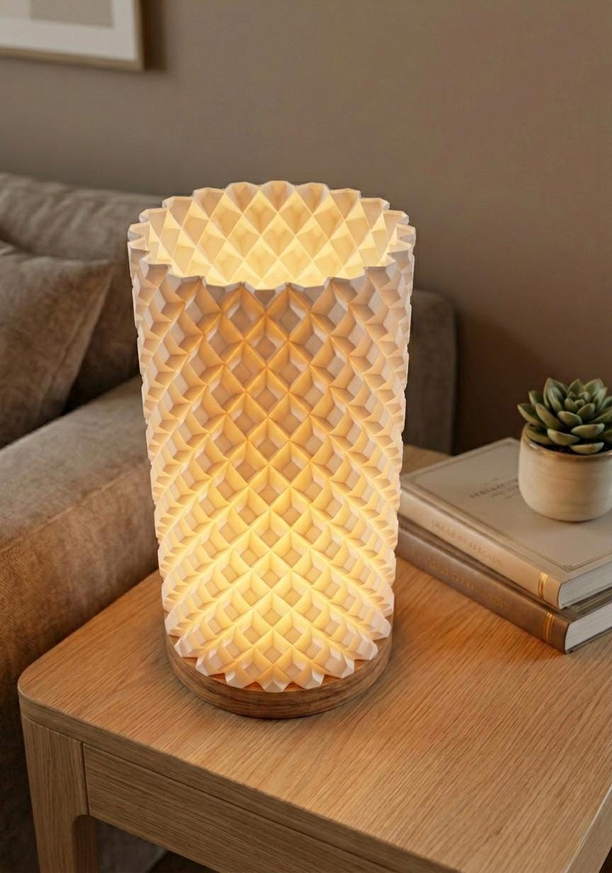 Design-Tischlampe aus Massivholz & 3D-Druck | USB-LED dimmbar | 3 Lichtfarben | Geometrische Skulptur