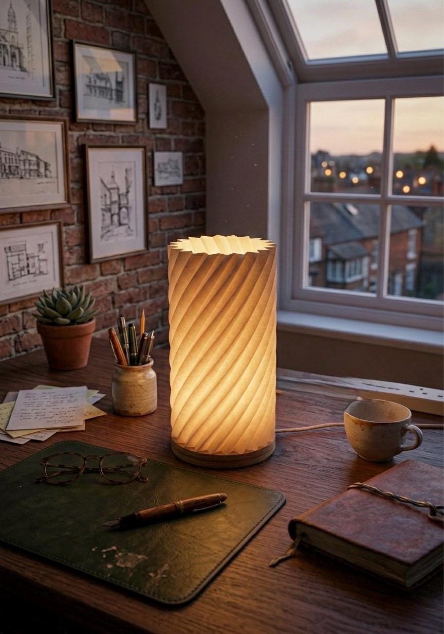 Design-Tischlampe aus Echtholz & 3D-Druck | USB-LED, dimmbar, 3 Lichtfarben | Geometrischer Lampenschirm