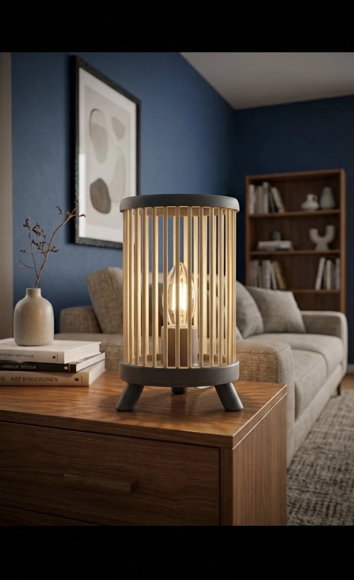 Minimalistische Skandi Nachttischlampe | Japandi Tischlampe aus Bambus & 3D-Druck